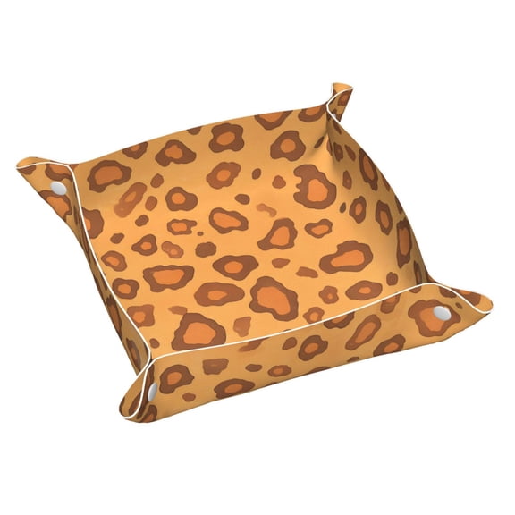 Multi-Size Leather Tray Four Corners Four Button Design Anti-Scratch Waterproof Convenient Cleaning Convenient Storage Leopard Skin Print Style Orangered_4 Small