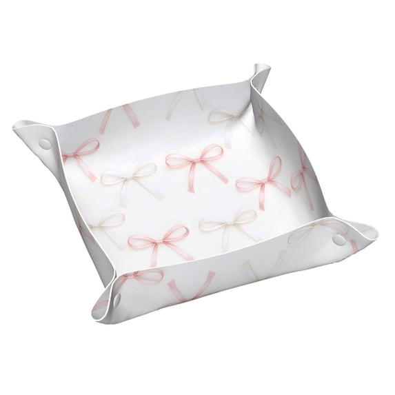Multi-Size Leather Tray Four Corners Four Button Design Anti-Scratch Waterproof Convenient Cleaning Convenient Storage Pink And White Bow Tie Small