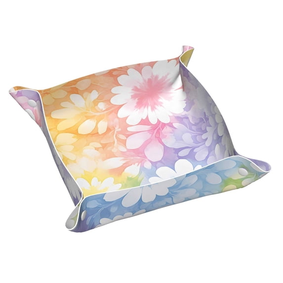 Multi-Size Leather Tray Four Corners Four Button Design Anti-Scratch Waterproof Convenient Cleaning Convenient Storage White Tie-Dye Background Rainbow Colors_4 Small
