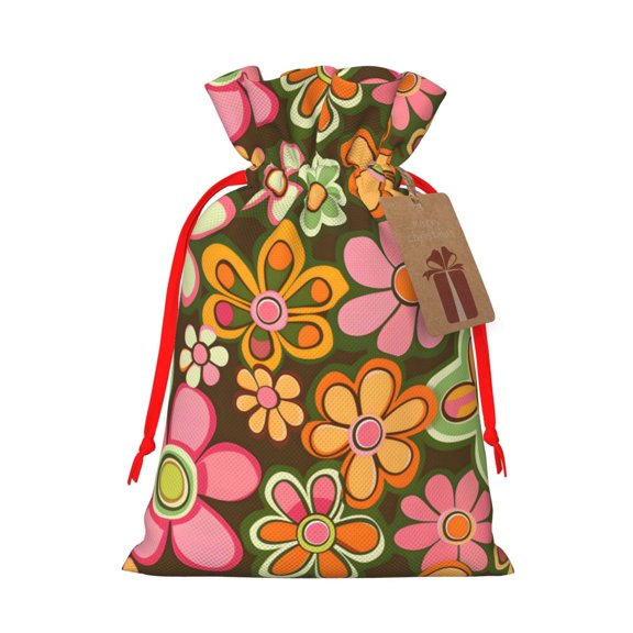 Multi-Size Linen Bundle Pocket Gift Bag Drawstring Opening And Closing Method For Christmas Birthday Anniversary As A Gift Packaging Small Retro Groovy Flowers Pattern (2)