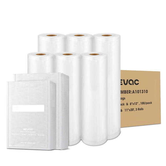 Multi-Size Sealing Solution Vacuum Sealer Bags & Rolls 100x 6''x10'', 100x 8''x12'', 3 Rolls 11''x20', 3 Rolls 8''x20' Premium Commercial-Grade for Food Storage, Meal Prep, & Sous Vide, Wevac