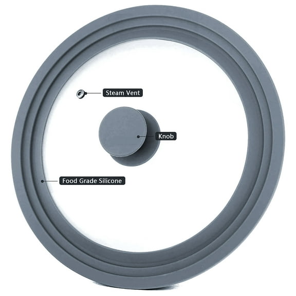 Multi-Sized Glass & Silicone Lid with Knob (color: gray) Small: Fits pots and pans with diameters of 7.87 / 8.66 / 9.45" (20 / 22 / 24 cm).