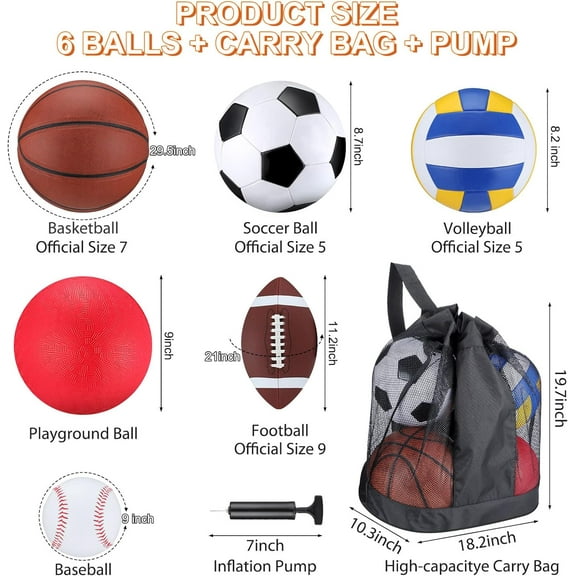 Multi-Sport Ball Set with Carry Bag - , Basketball, Soccer, Volleyball, Playground Ball & Baseball