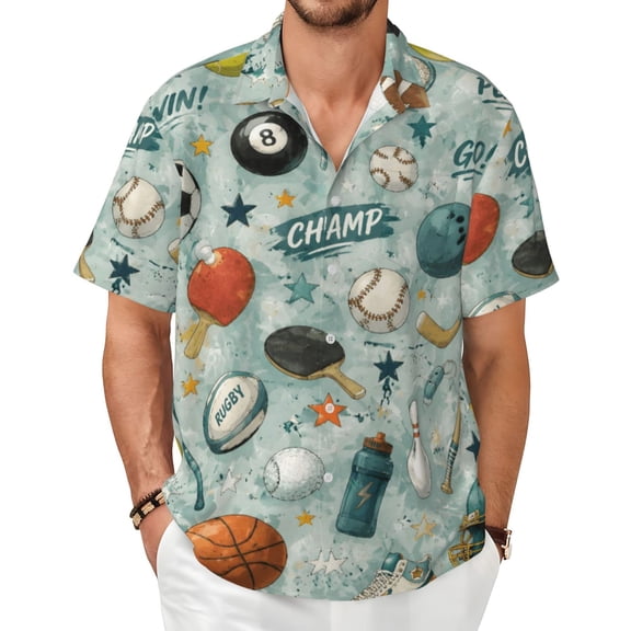 Multi Sport Balls Men's Shirts Short-Sleeved with All-Over Prints Button-Up Shirts