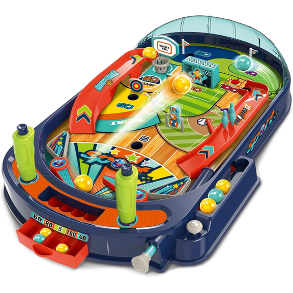 Multi-Sport Tabletop Pinball Machine, 4-in-1 Arcade Game with Basketball, Bowling, and Soccer, Skill Building Action Toy for Kids Ages 3+