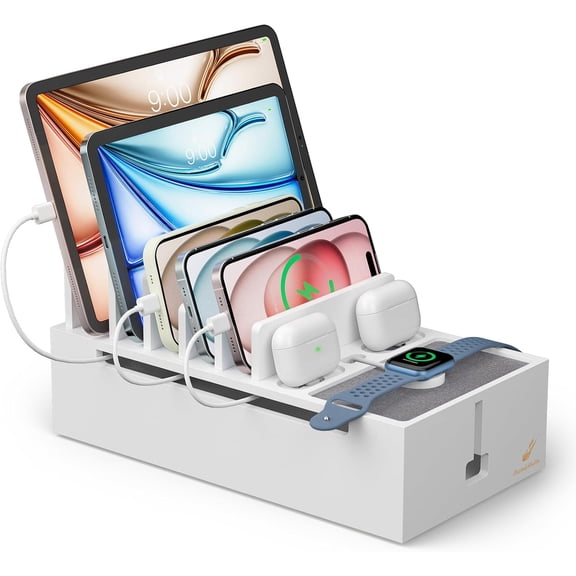 Multi Station Organizer Rack, Management Box, Power Strips and Cord Hider, Nightstand Device Organizer (Include 6 Cables)(No Power ) -White