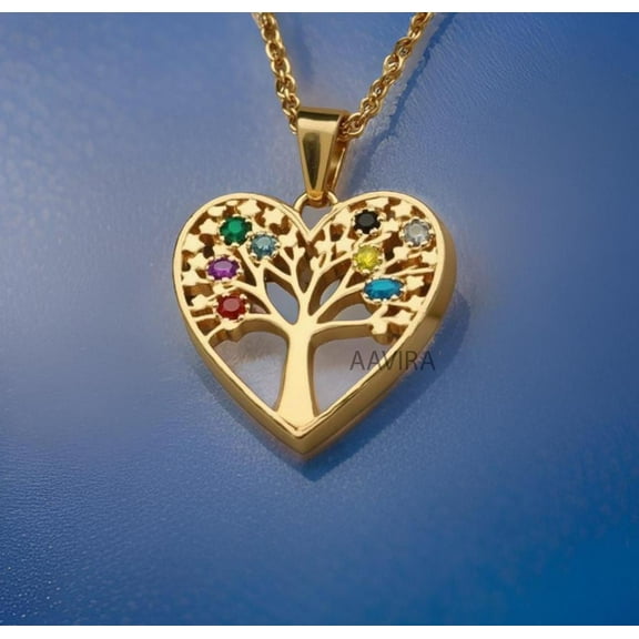 Multi-Stone Birthstone Tree of Life Heart Pendant Necklace for Women, Personalized Family Tree Jewelry Gift