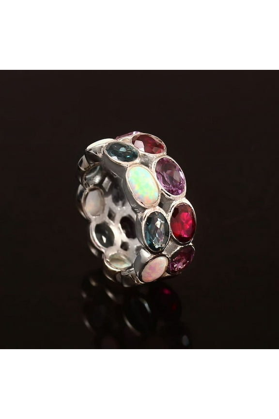 Multi Stone Cluster Wedding Band Garnet Silver Ring Unique Alexandrite Opal Stacking Matching Bridal Ring Double Band Wedding Vintage Gift.