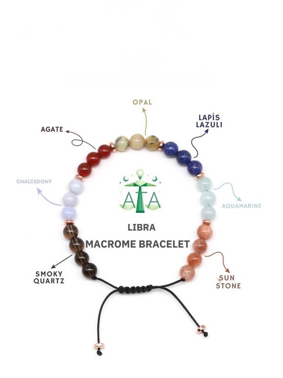 Multi Stone Libra Bracelet, Adjustable Macrame Bracelet, Lapis Lazuli, Opal, Aquamarine, Gemstone Bracelet, March Friendship Birthday Gift 6mm 7inches