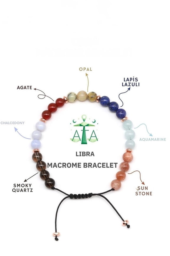 Multi Stone Libra Bracelet, Adjustable Macrame Bracelet, Lapis Lazuli, Opal, Aquamarine, Gemstone Bracelet, March Friendship Birthday Gift 6mm 7inches