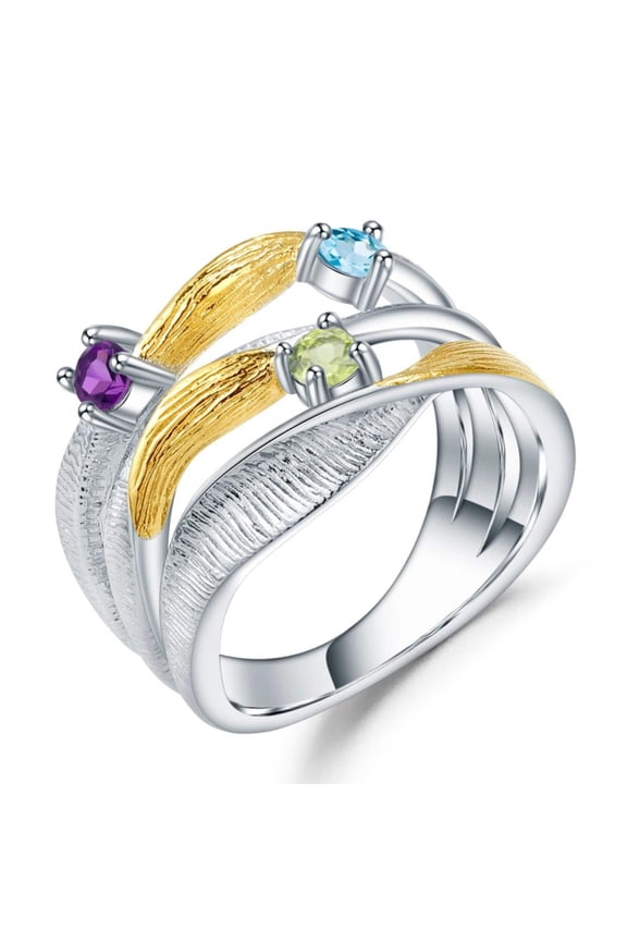 Multi Stone Statement Ring, Amethyst, Peridot and Topaz Birthstone Ring in 925 Sterling Silver