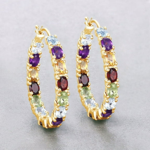 Multi Stones Earrings,Hoop Silver Earrings for Women,Multi Gemstones Yellow Gold Plated Earrings, Gift for Her