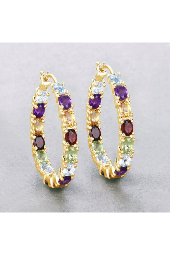 Multi Stones Earrings,Hoop Silver Earrings for Women,Multi Gemstones Yellow Gold Plated Earrings, Gift for Her