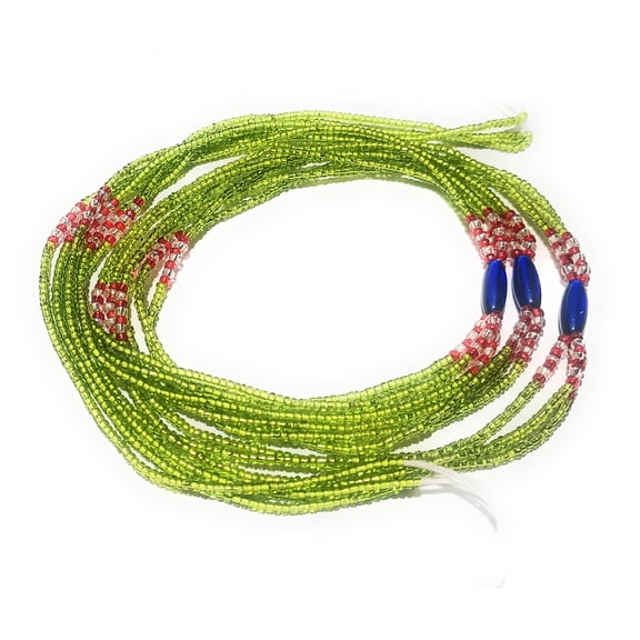 Multi-Strand 3-in-1 African Waist Beads Tie-On Strand, 42 Inches of Beads, Shiny Green Glass Belly Beads with Dark Blue Oval Accents