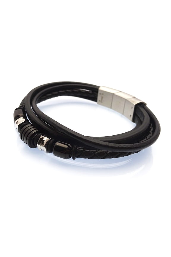 Multi-Strand Black Leather with Stainless Steel Geo-Inspired Beads Bracelet