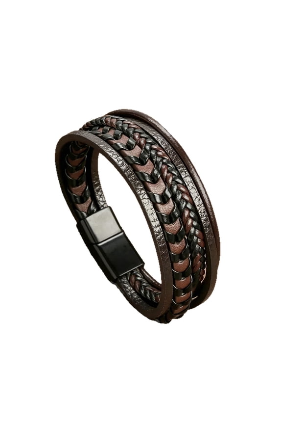 Multi-Strand Braided Faux Leather Magnetic Clasp Bracelet for Men Women, Black Brown Navy 3 Colors Available