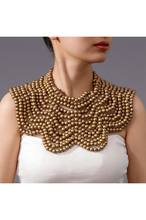 Multi-Strand Golden-Tone Wooden Bead Shawl Body Chain Necklace Perfect for African Bridal & Statement Fashion Accessory