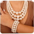 thumbnail image 1 of Multi Strand Layered Faux Pearl Necklace with Earrings and Bracelet Chunky Pearl Choker Necklace Jewelry Set for Women (White), 1 of 13