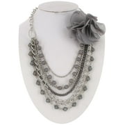 Multi Strand Layered Gray Beaded Silver Tone Adjustable Chain Necklace Convertible Flower Womens
