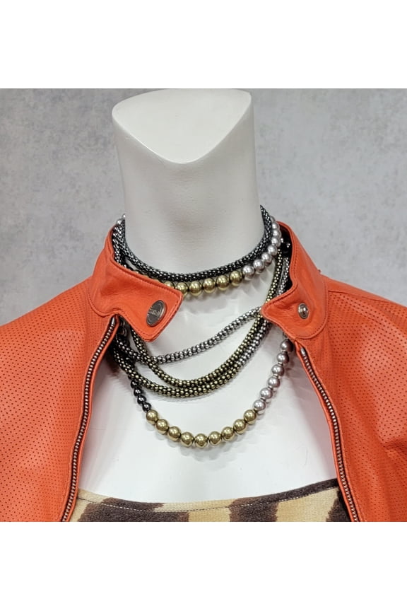 Multi Strand Layered Tri Tone Gunmetal Gray Silver Gold Beaded Necklace Adjustable 32-35"