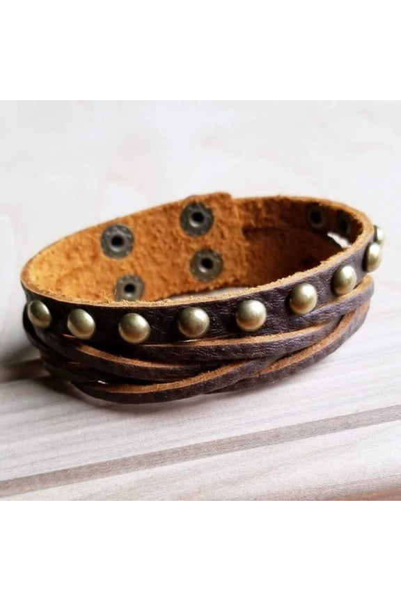 Multi-Strand Leather Cuff with Antique Gold Studs