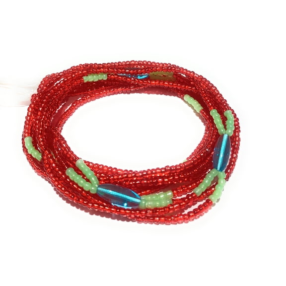Multi Strand Red with Blue 2-in-1 Waist Bead Set, Tie-on 42-Inch Cotton String Glass Beads