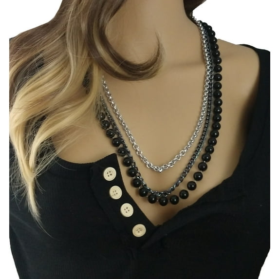 Multi Strand Silver Tone Chain Black Beaded Layered Necklace 32" Womens Adult Fashion
