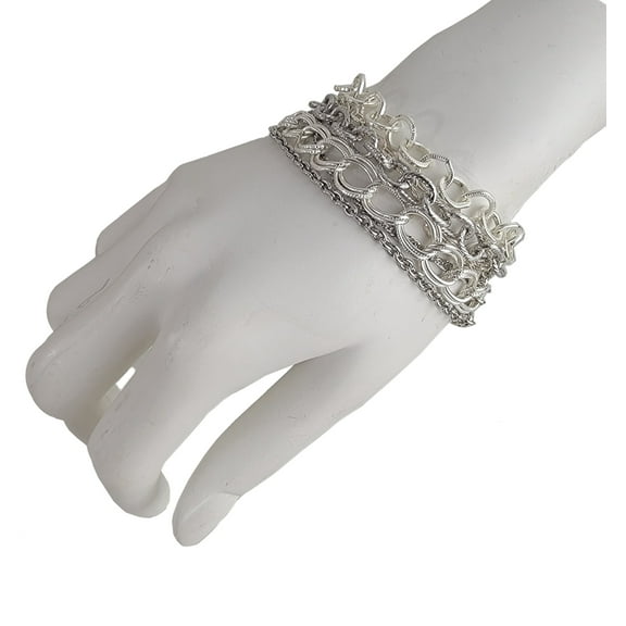 Multi Strand Textured Silver Tone Chain Bracelet Adjustable Toggle Clasp Ladies Adult Female