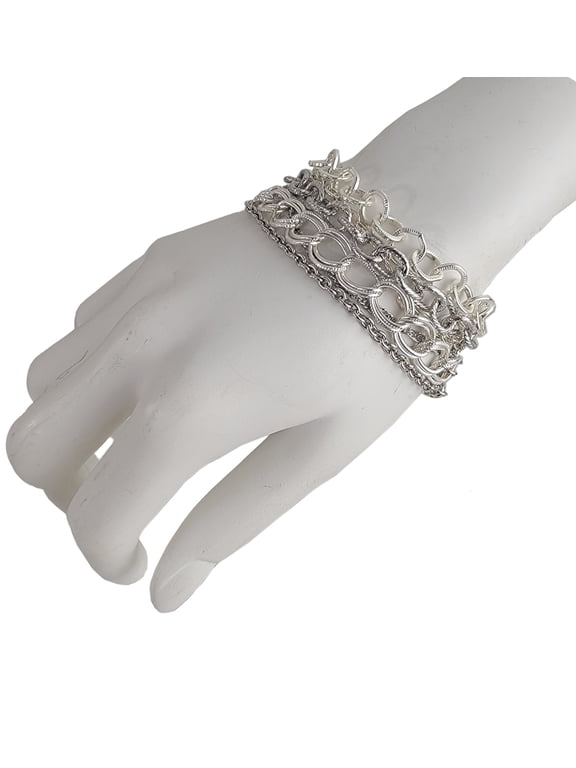 Multi Strand Textured Silver Tone Chain Bracelet Adjustable Toggle Clasp Ladies Adult Female
