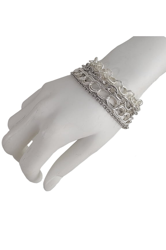 Multi Strand Textured Silver Tone Chain Bracelet Adjustable Toggle Clasp Ladies Adult Female