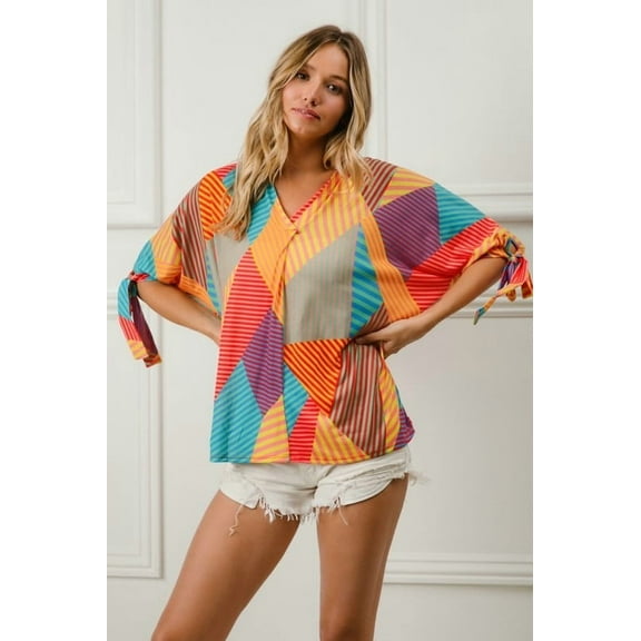 Multi Stripe Block Printed Jersey Blouse with Tied Sleeves