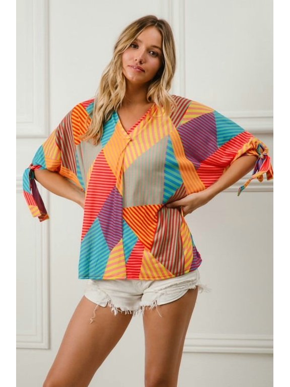 Multi Stripe Block Printed Jersey Blouse with Tied Sleeves