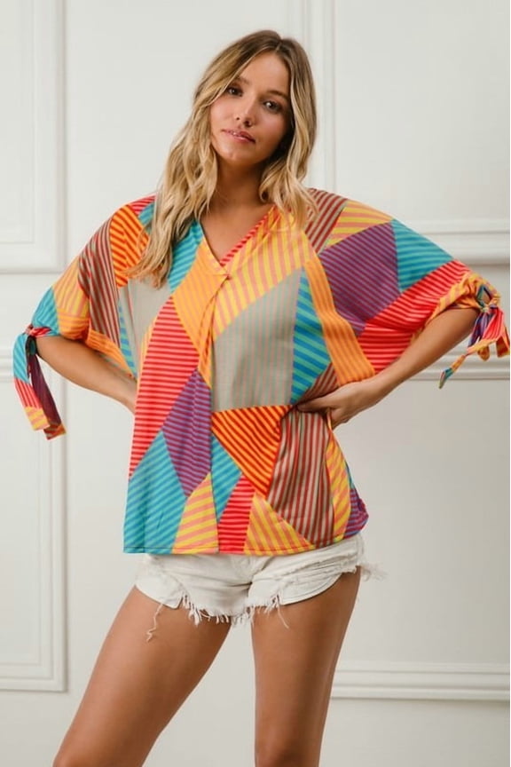 Multi Stripe Block Printed Jersey Blouse with Tied Sleeves