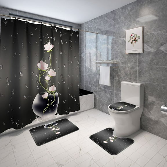 Multi-Style 4PCS Ocean Shower Curtain Set with Rugs,Bathroom Shower Curtain, Non-Slip Bathroom Mat Toilet Rug Bath Mat, Polyester Waterproof Bath Curtain 4PCS Set