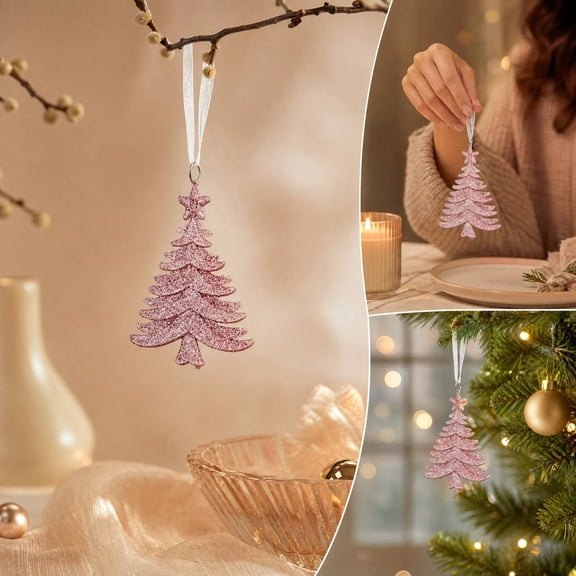 Multi Style Pink Christmas Ornaments Santa Elf Tree Shaped Hanging Decor, Acrylic Blush Tone Pendants with Diverse Shapes, Reusable Winter Holiday Decor for Home Wall Window Xmas Party