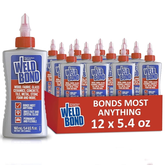 Multi-Surface Adhesive Glue, Bonds Most Anything! Wood Glue for Furniture or Carpentry Fabric Glass Mosaic Ceramic Jewelry Stone & More. Non-Toxic, Dries Crystal Clear. 5.4oz /160ml 12-Pack
