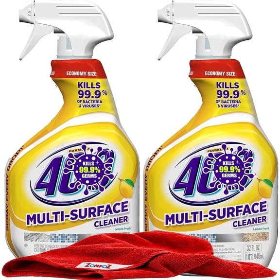 Multi Surface Cleaner Spray, 2 Pack Lemon Fresh Scent, All Purpose Cleaner and Degreaser, Kitchen and Bathroom Cleaner, 32 oz. Each Plus Zompo-Z Microfiber Cleaning Cloth