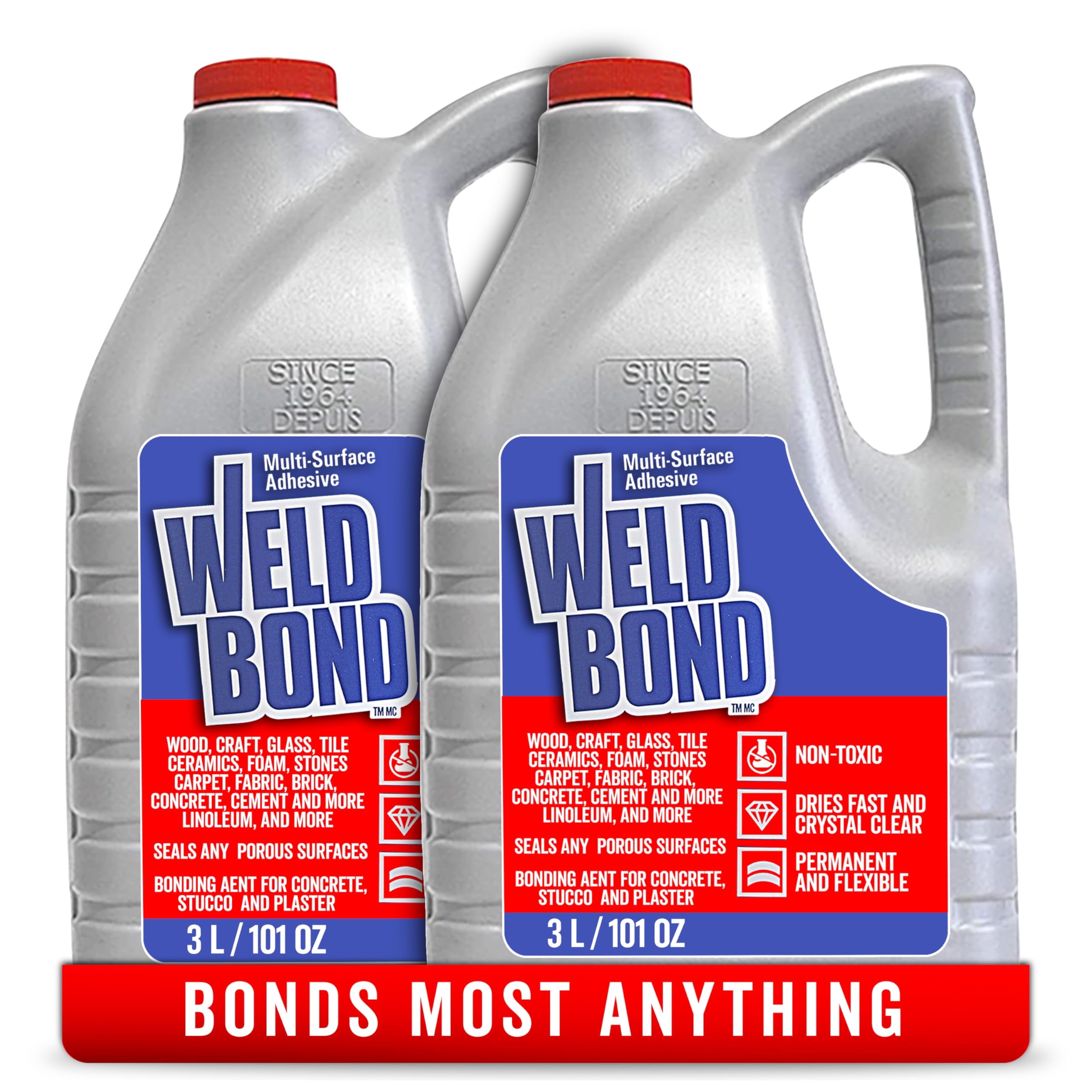 Multi-Surface Non-Toxic Adhesive Glue. Bonds Most Anything ! Glue Gallon for Wood Glue or Crafts Fabric Glass Mosaic Carpet Ceramic Tile Cement Metal Stone & More. ​101 oz - 3L - 2Pack