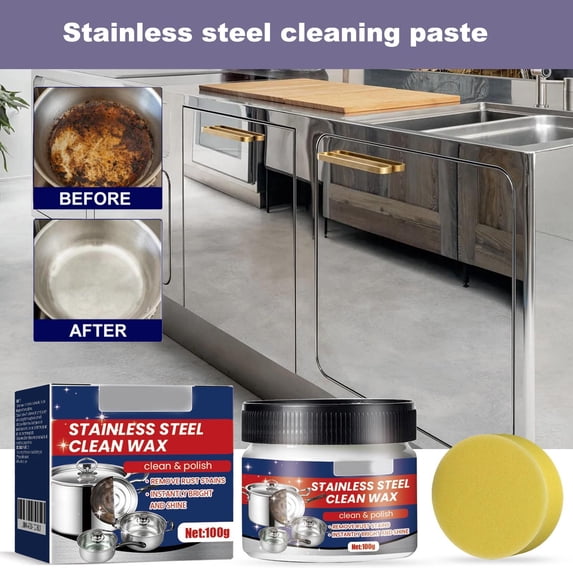 Multi-Surface Stainless Steel Cleaning Paste with Cleaning Sponge, Rust Remover for Metal and Wax and Grease Remover, for Stainless Steel Kitchen Utensils, Stainless Steel Cooking