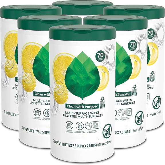 Multi Surface Wipes All Purpose Cleaning Lemon scent with 100% Essential Oils and Botanical Ingredients 70 count, Pack of 6