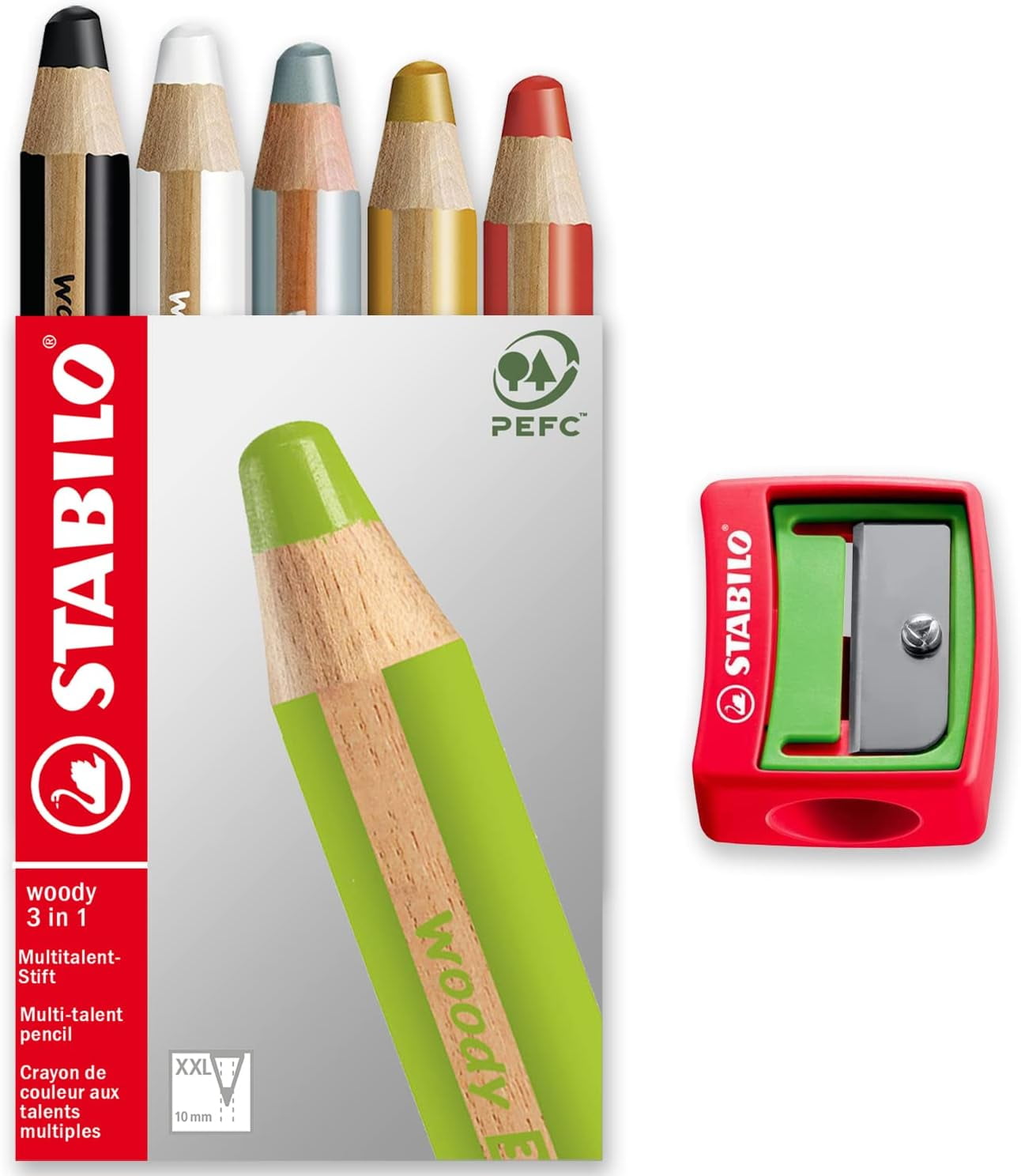 Multi-Talented Pencil - STABILO Woody 3-in-1 - Basic Box of 5 - Silver, Gold, White, Black, Red + Sharpener