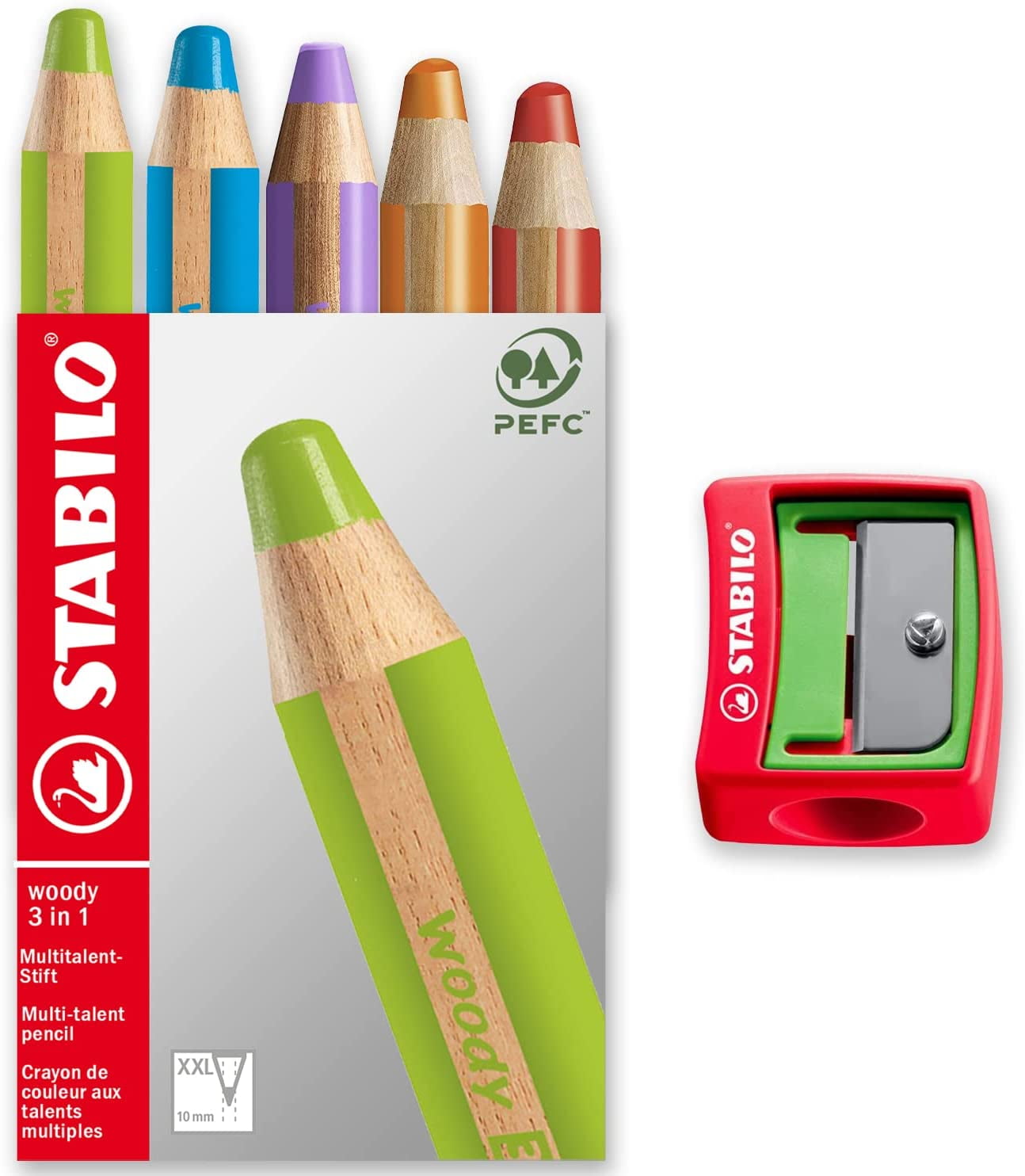 Multi-Talented Pencil - STABILO Woody 3-in-1 - Box of 5 - Red, Orange, Leaf Green, Cyan Blue, Lilac + Sharpener