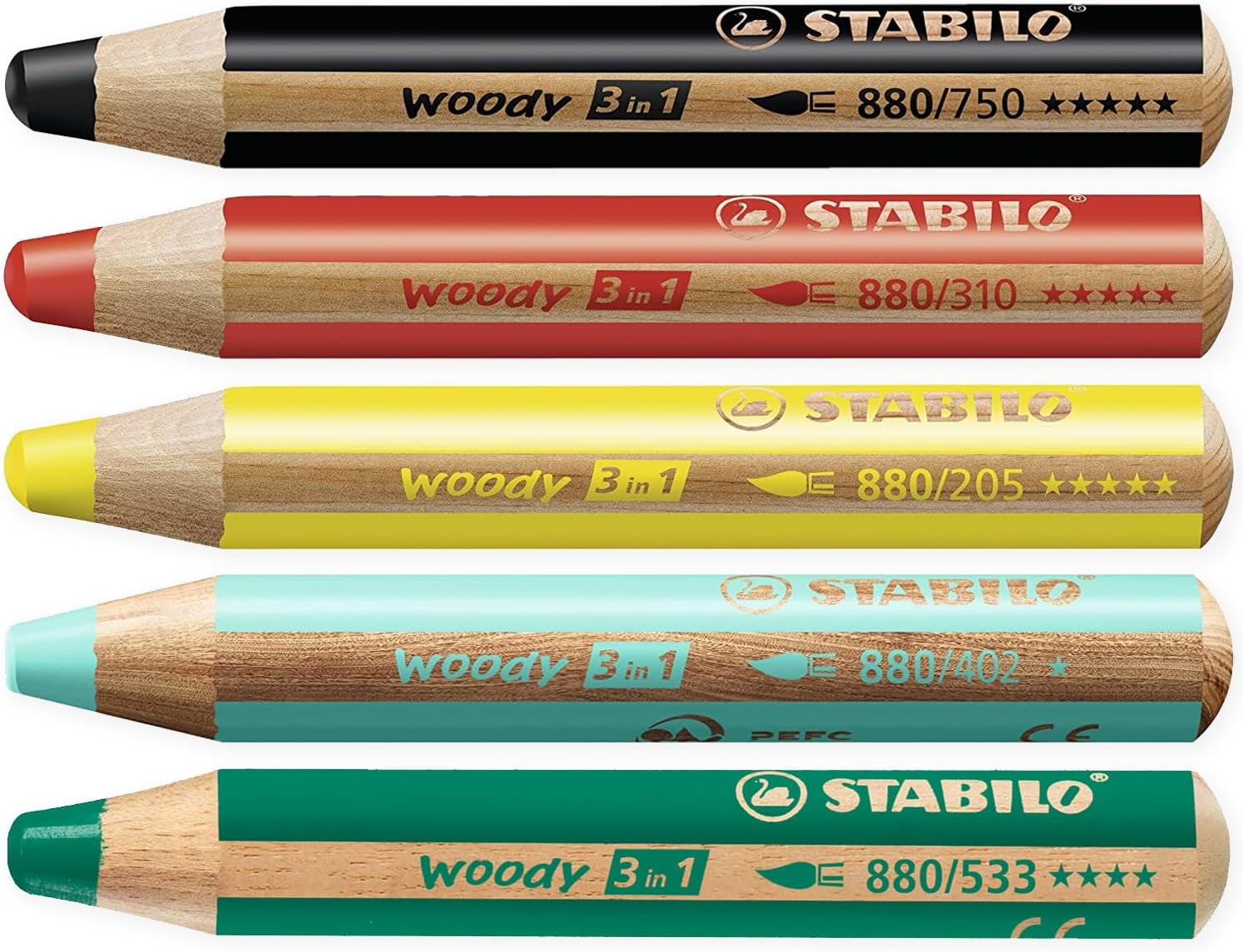 Multi-Talented Pencil - STABILO Woody 3-in-1 - Box of 5 - Red, Yellow Dark Green, Blue, Black + Sharpener