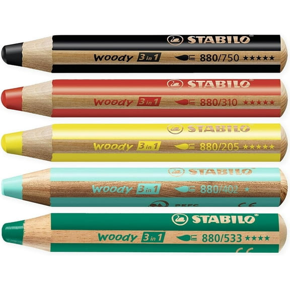 Multi-Talented Pencil - STABILO Woody 3-in-1 - Box of 5 - Red, Yellow Dark Green, Blue, Black + Sharpener