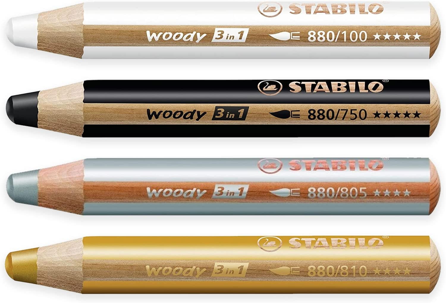 Multi-Talented Pencil - STABILO Woody 3-in-1 - Pack of 4 - Black, Gold, Silver, and White