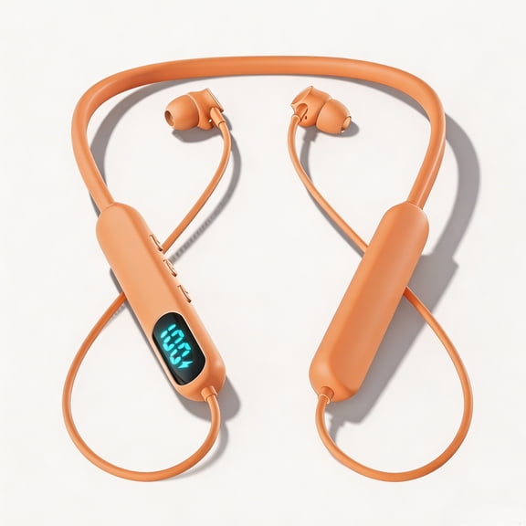 Multi-Tap Smart Control In-Ear Neck Earbuds, Orange Bluetooth 5.3 Headset, LED Digital Screen for Study Road Trip