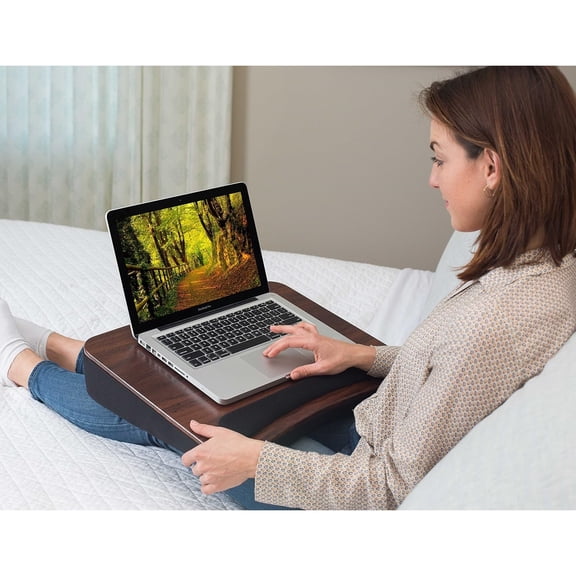 Multi Tasking Lap Desk with Memory Foam Cushion | Wrist Rest Cushion | Fits Laptops Up to 17" | Portable Laptop and Book Stand | Black | Wood Top | Work from Home