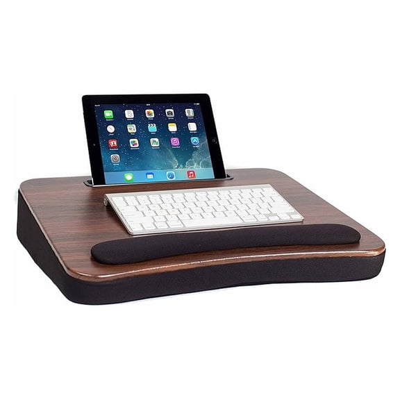 Multi Tasking Lap Desk with Memory Foam Cushion | Tablet Slot | Fits Laptops Up to 17" | Up to 9.6" | Black | Walnut Wood Top | Computer Lap Tray