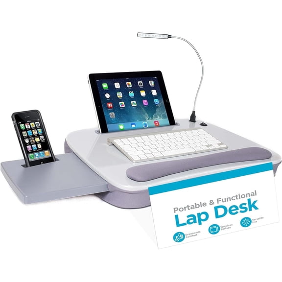 Multi Tasking Memory Foam Lap Desk with USB Light (Silver) | Supports Laptops Up to 15 Inches