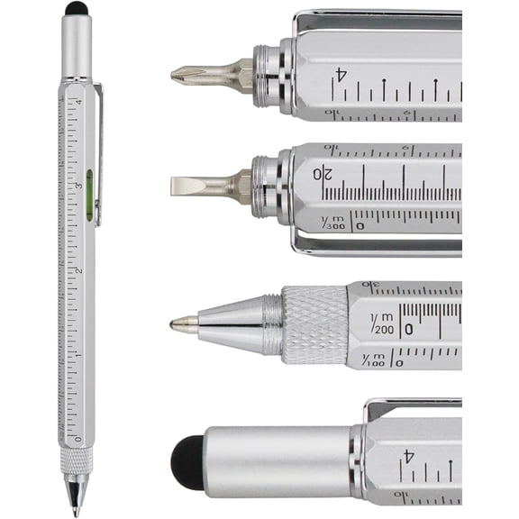 Multi Tech Tool Pen 6 in 1 Stylus Pen - Screwdriver Pen with Ruler, Levelgauge, Ballpoint Pen Black ink (Silver)